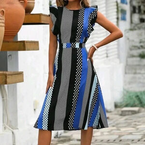 Polka Dot & Striped Print Ruffle Trim Dress